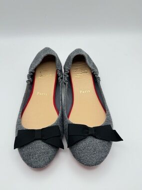Christian Louboutin Grey Wool Bow Ballet Flats EU 37 New Red Sole Shoes